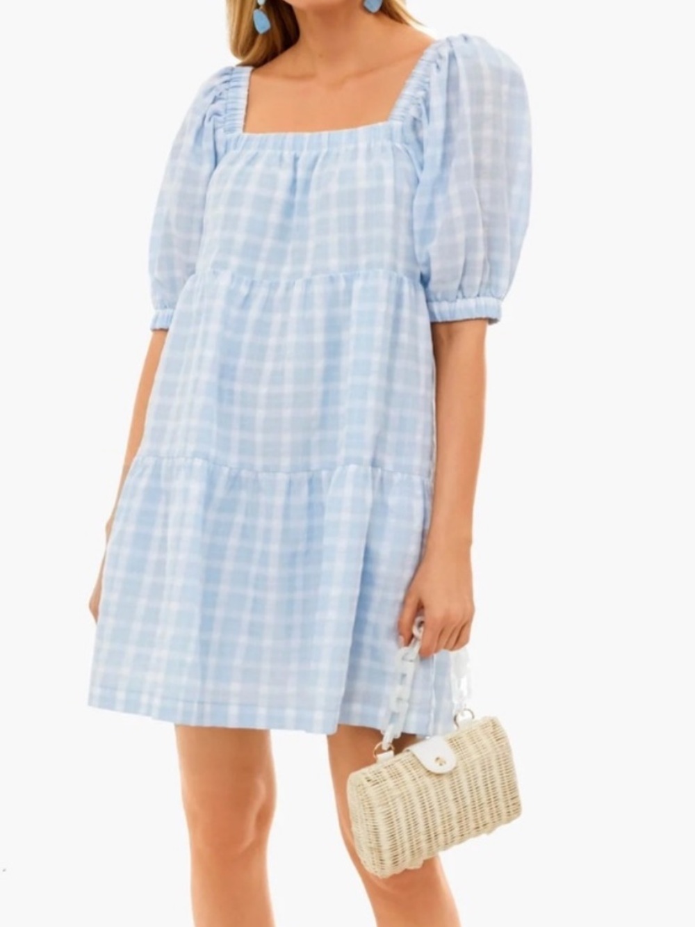 Hyacinth House Dress Gingham Blue Puff Sleeve Mini Dress Cottagecore size S